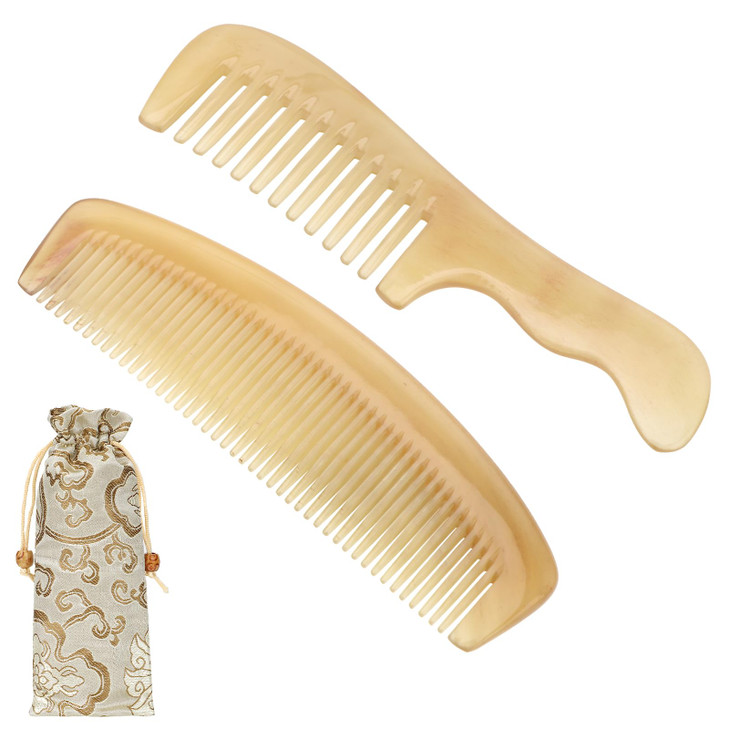 kilofly Genuine No Static Natural Sheep Horn Comb Set of 2 Carrying Pouch