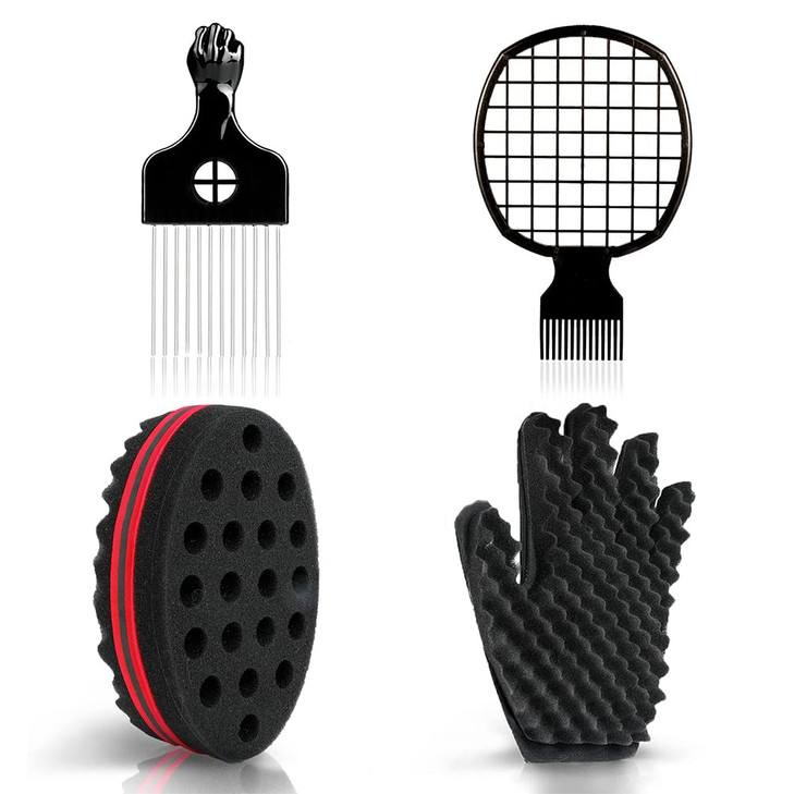 Selalu Curl Sponge Set with Glove Metal Brush Pick and Twist Comb for Men and Women