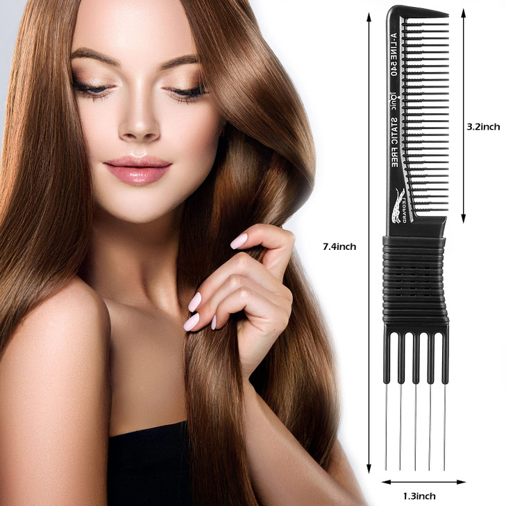 Patelai 4 Pcs Carbon Lift Teasing Comb with Metal Prong Lift Teasing Comb and Hair Pick Salon Fluffing with 5 Stainless