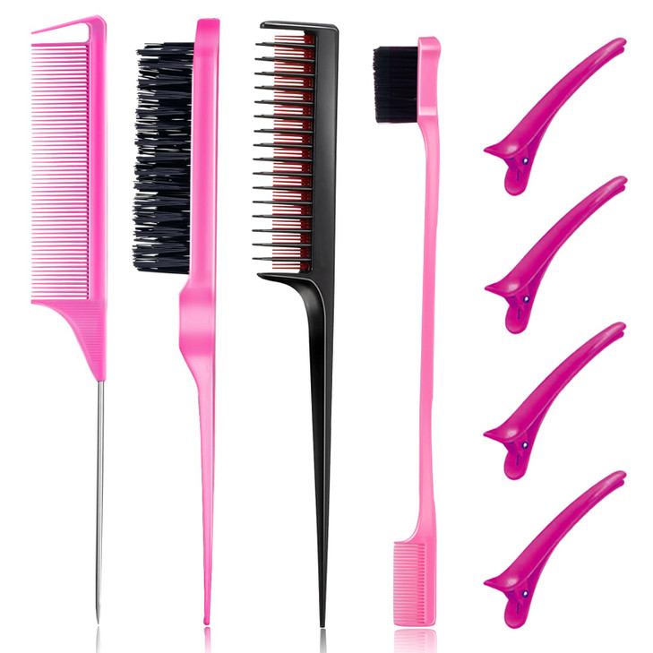 8 Pieces Styling Comb Set Teasing Brush Rat Tail Comb Edge Brush for Slicking and Combing Hair for Women Pink