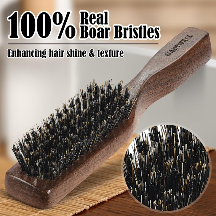 GAINWELL Mens Wild Boar Bristle Hair Brush for Men Slick Back Hair Brush with Stiff Bristles for Thick Hair Natural Blac