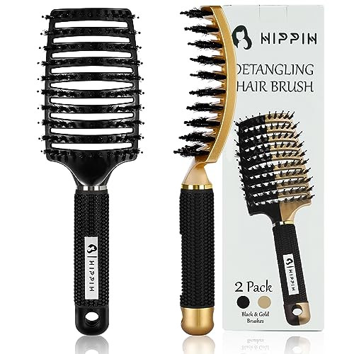 Boar Bristle Hair Brush 2 Pack HIPPIH Wet Dry No Pull Curved Vented Hair Brush Styling Magical Detangler Brush for Kids