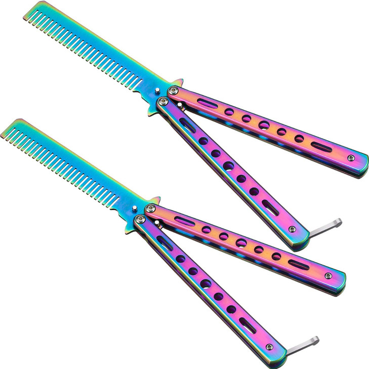 2 Pieces Combs Stainless Steel Folding Practice Combs Hair Styling Tools for Sport Outdoor Use Colorful