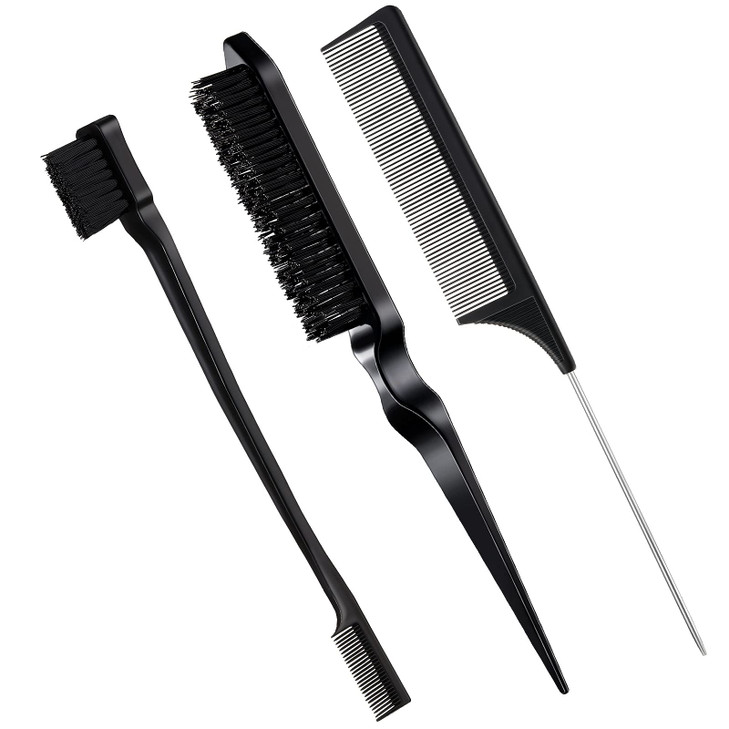 Geiserailie 3 Pcs Slick Back Hair Brush Set Bristle Brush Edge Control Teasing Comb for Women Black HairBlack