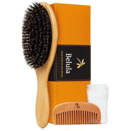 Belula 100 Boar Bristle Hair Brush Set Medium Soft Natural Bristles for Thin and Fine Hair Restore Shine And Texture Woo