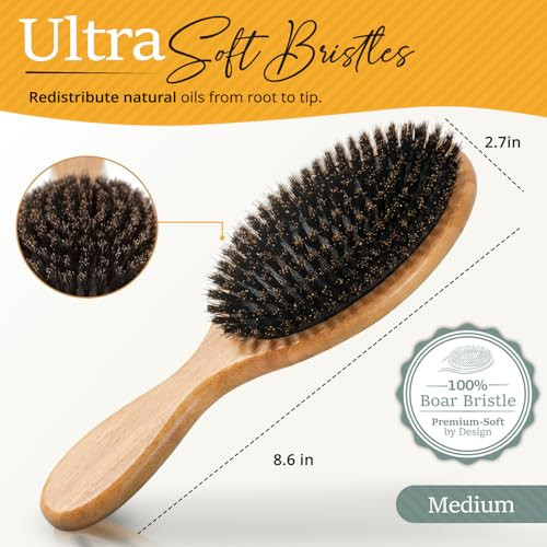 Belula 100 Boar Bristle Hair Brush Set Medium Soft Natural Bristles for Thin and Fine Hair Restore Shine And Texture Woo