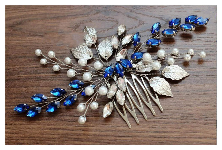 Chargances Blue Bridal Hair Comb Sapphire Blue Crystal Hair Comb Wedding Rhinestone Royal Blue Hair Comb Navy Blue Brida