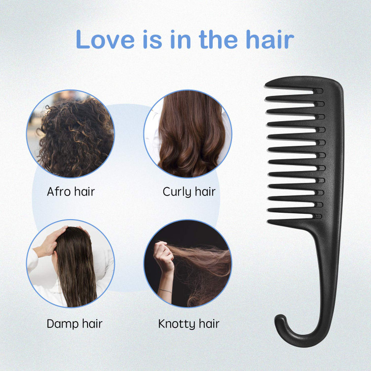 Wapodeai Wide Tooth Comb Shower Comb With Hook Good for Curly Hair Wet Dry Premium Tangle Free Combs Black