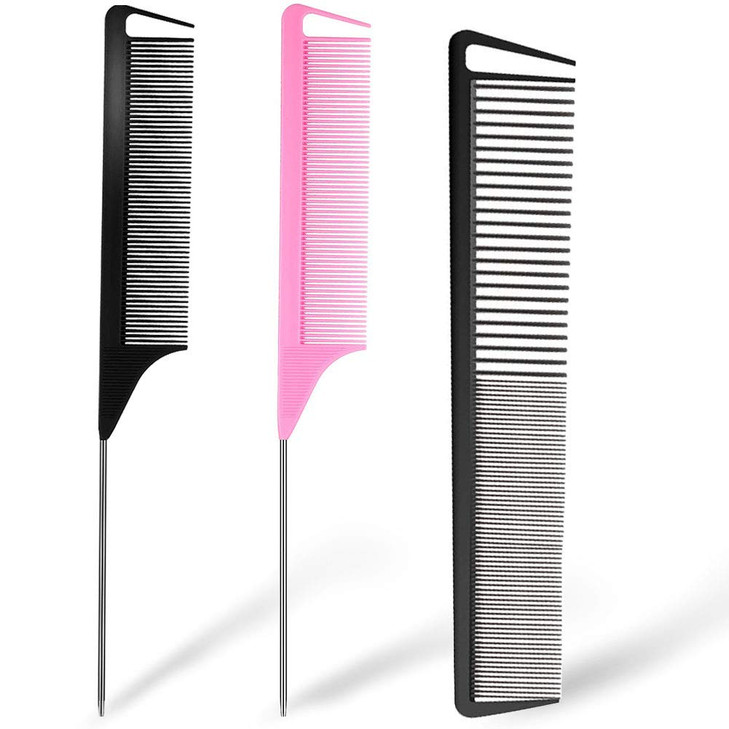 3 Pieces Rat Tail Comb Carbon Fiber Teasing Combs Parting Braids Comb Stainless Steel Pintail Comb Barber Styling Combs