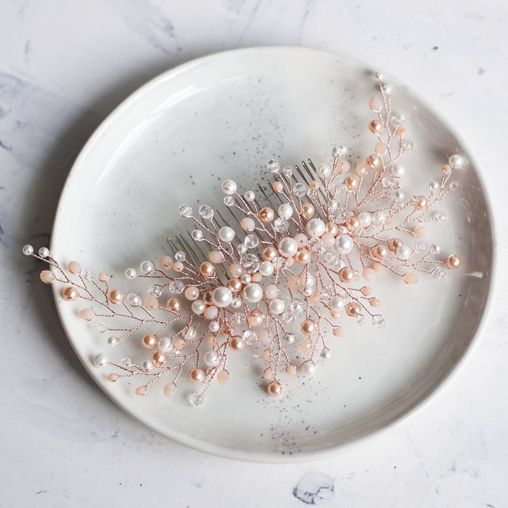 Kercisbeauty Wedding Bridal Bridesmaid Pink Champagne Pearl Beads Rose Gold Hair Comb Updo Hair Accessory Prom Headpiece