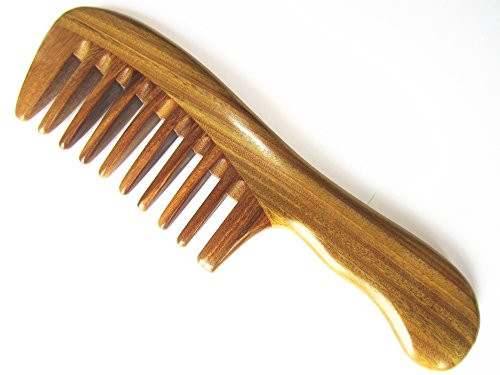 Myhsmooth Gsp2wwt Wide Tooth Wood Handmade Natural Green Sandalwood No Static Comb with Wavy Handle with Aromatic Scent