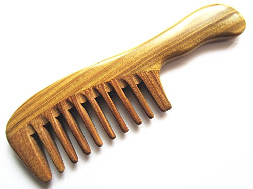 Myhsmooth Gsp2wwt Wide Tooth Wood Handmade Natural Green Sandalwood No Static Comb with Wavy Handle with Aromatic Scent