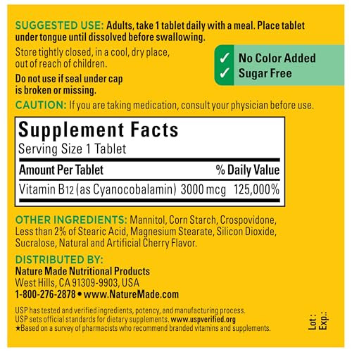 Nature Made Vitamin B12 3000 mcg, Easy to Take Sublingual B12 for Energy Metabolism Support, 40 Sugar Free Fast Dissolve Tablets, 40 Day Supply online at globaldelivered