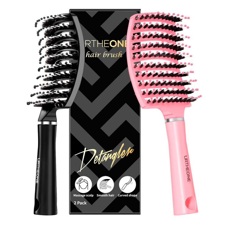 Hair BrushURTHEONE Detangling Hairbrush Boar Bristle Curved Vented Hair Brush for Women Men Kids Curly Thick Long Short
