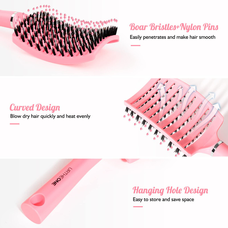 Hair BrushURTHEONE Detangling Hairbrush Boar Bristle Curved Vented Hair Brush for Women Men Kids Curly Thick Long Short