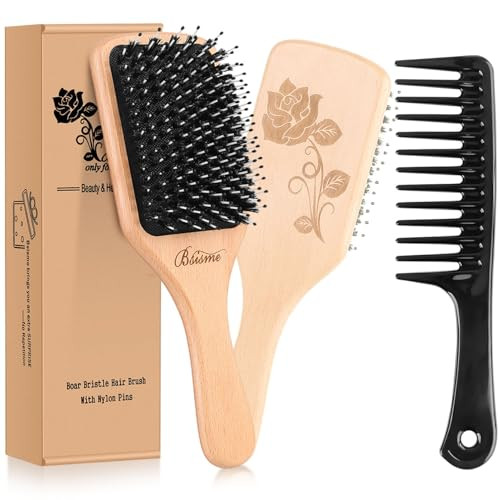 Bsisme Hair BrushBoar Bristle Hairbrush with Detangling Pins Wooden Paddle Detangler Hairbrush for Women Men Reduce Friz
