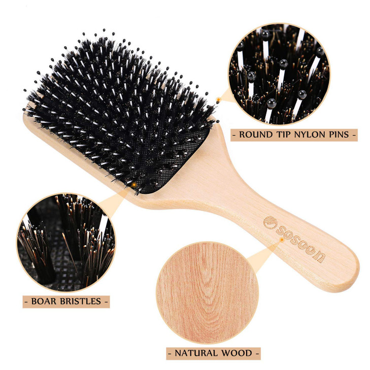 Hair Brush Sosoon Boar Bristle Paddle Hairbrush for Long Short Thick Thin Curly Straight Wavy Dry Hair for Men Women Kid