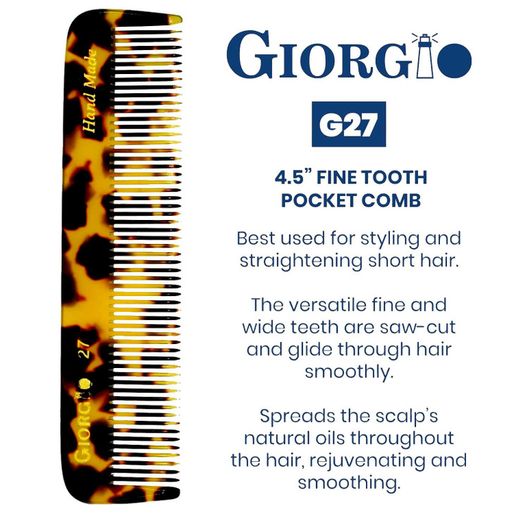 Giorgio G27 Handmade All Fine Tooth Pocket Comb Hair Comb Straightener for Everyday Grooming Styling Hair Mustache and B