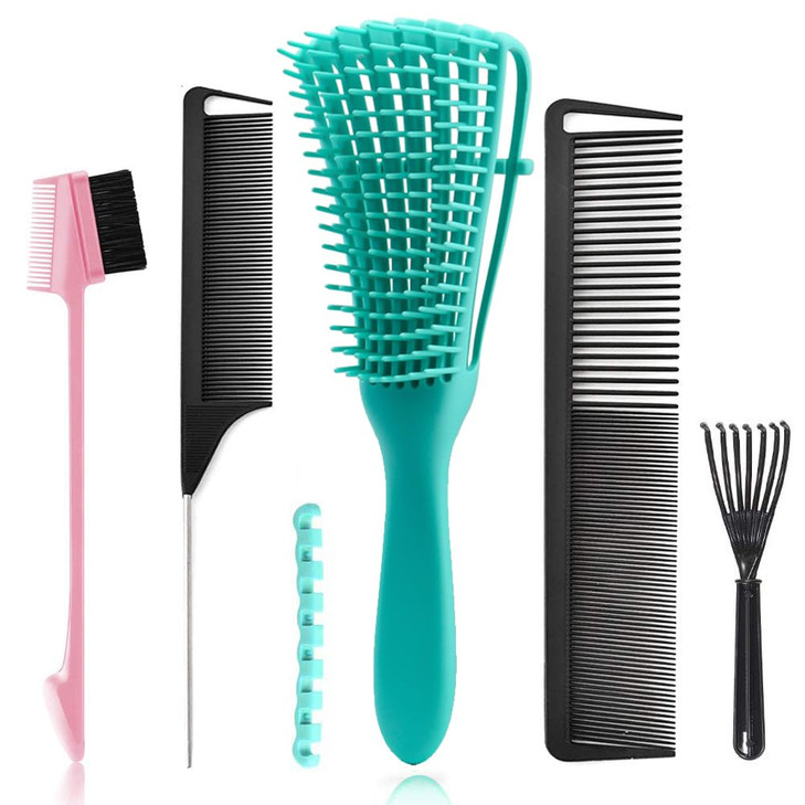 5 Pcs Detangling Hair Brush Set Ez Detangler Brush With Edge Brush Rat Tail Combs for Black Natural Hair Styling and Cut