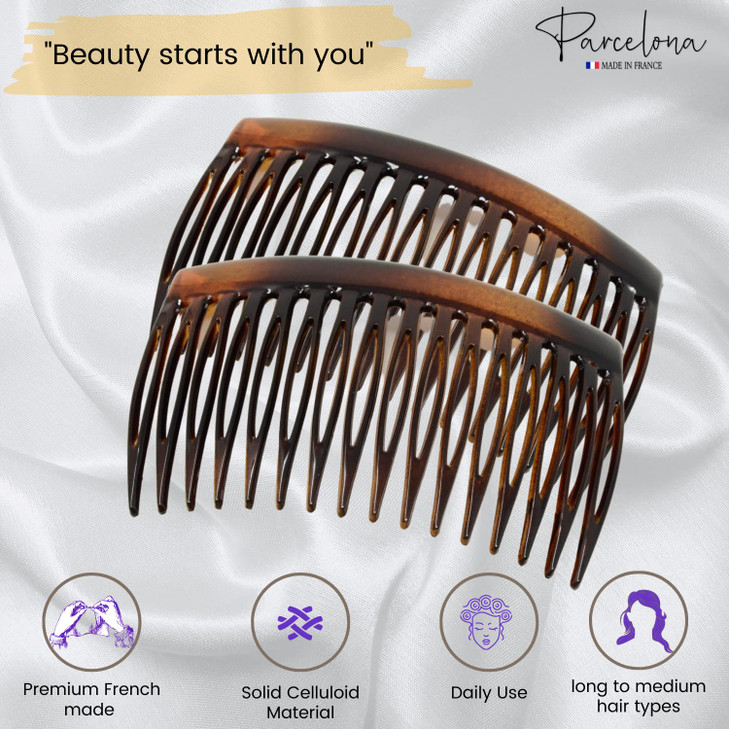 Parcelona French Glossy Shell Brown Celluloid 2 Pieces Good Grip Up do 16 Teeth Hair Side Combs 275 Inches 2 Pcs