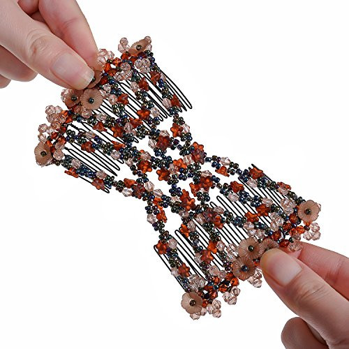 Ruihfas Vintage Beaded Crystal Flower Easy Stretchy Double Clips Hair Comb Hair Accessories Coffee