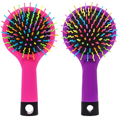 Pack of 2 Rainbow Volume Brushes Detangling Hair Brushes Hair Curl Straight Magic Combs with Mirror Pink Purple