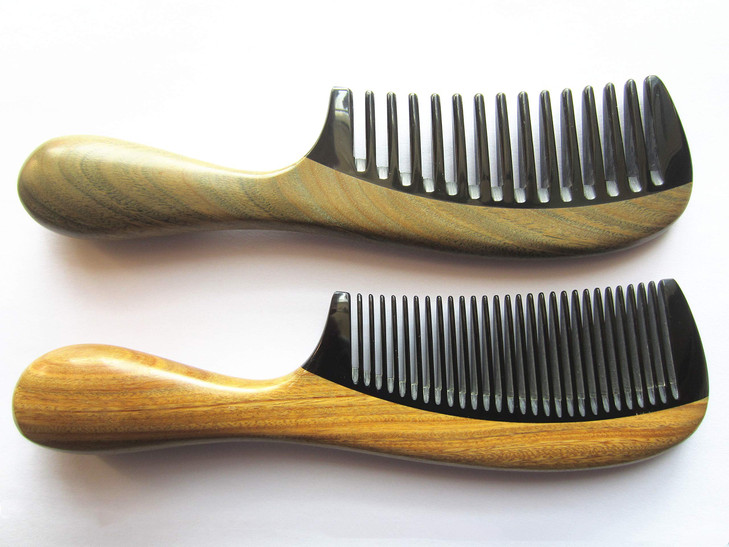 Myhsmooth GBZBYBMT Handmade No Static Black Buffalo Horn Comb with Rounded Green Sandalwood Handle Pack of 2 PcsWide Too
