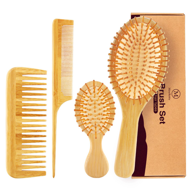 MoyRetty Bamboo Hair Brush Comb Set Natural Wooden Hairbrush Paddle Detangling for Thick Thin Curly Straight Wavy Dry Fi