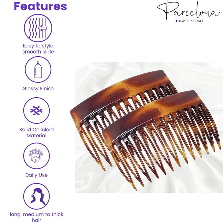 Parcelona French Bold Edge Brown Small 2 34 Celluloid Pin Wide Teeth Set of 2 Side Slide Hair Combs for Women and Girls