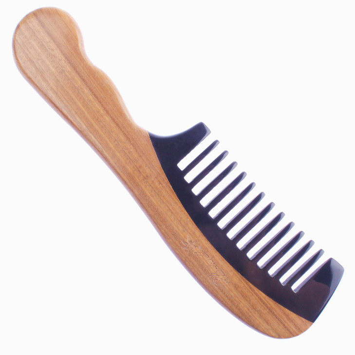 Breezelike Sandalwood Hair Comb Wavy Handle Wide Tooth Comb for Women No Static Wooden Black Buffalo Horn Comb for Detan