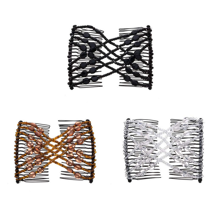 LOVEF 3Pcs Magic Hair Comb Ladies Bead Stretchy Women Hair Combs Professional Double Magic Slide Metal Comb Clip Hairpin