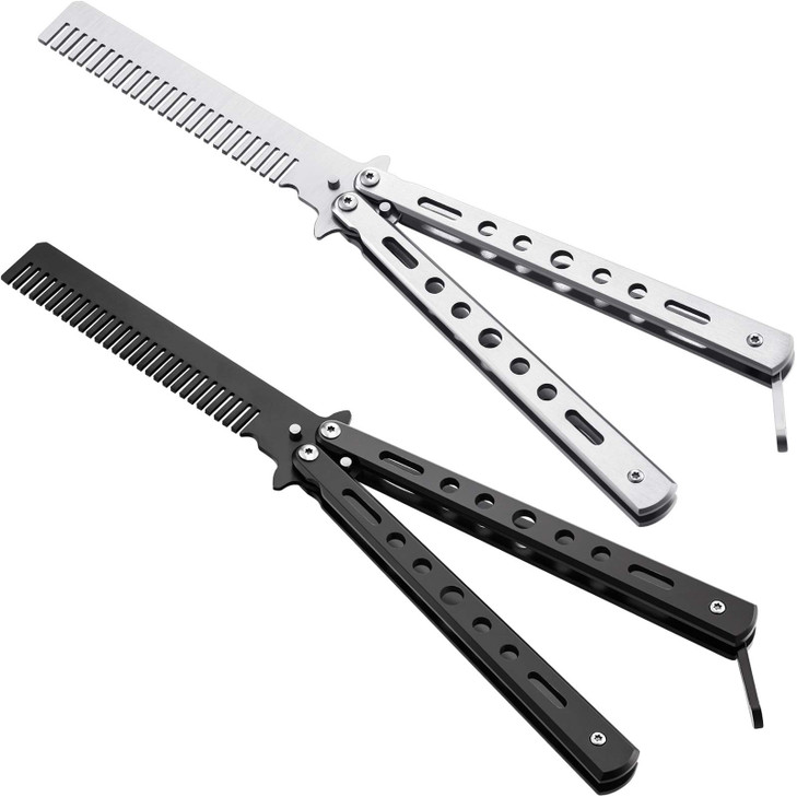 2 Pieces Combs Stainless Steel Folding Practice Combs Hair Styling Tools for Sport Outdoor Use Black Silver
