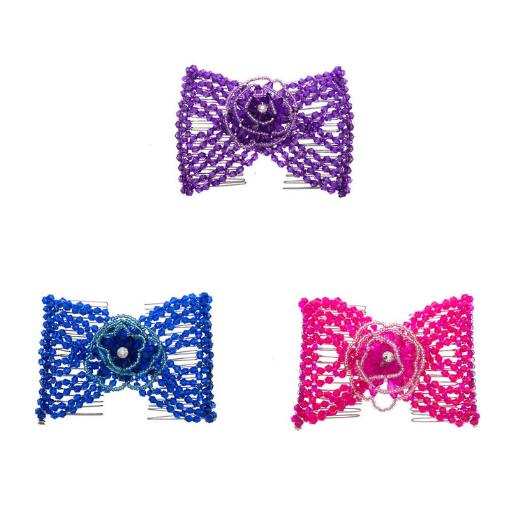 LOVEF 3Pcs Easy Comb Magic Hair Beauty Decoration Double Clip Pearl Stretchy Beaded Hairpin Bow Double Combs Lady in Ran