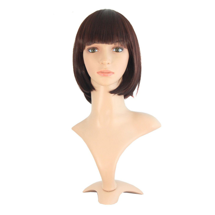 MapofBeauty Short Straight Wigs Flat Bangs Wigs Dark Brown