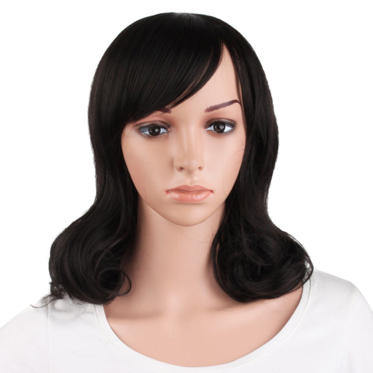MapofBeauty 16 Inch40 cm Daily Use Side Bangs Medium Curly Wig Black