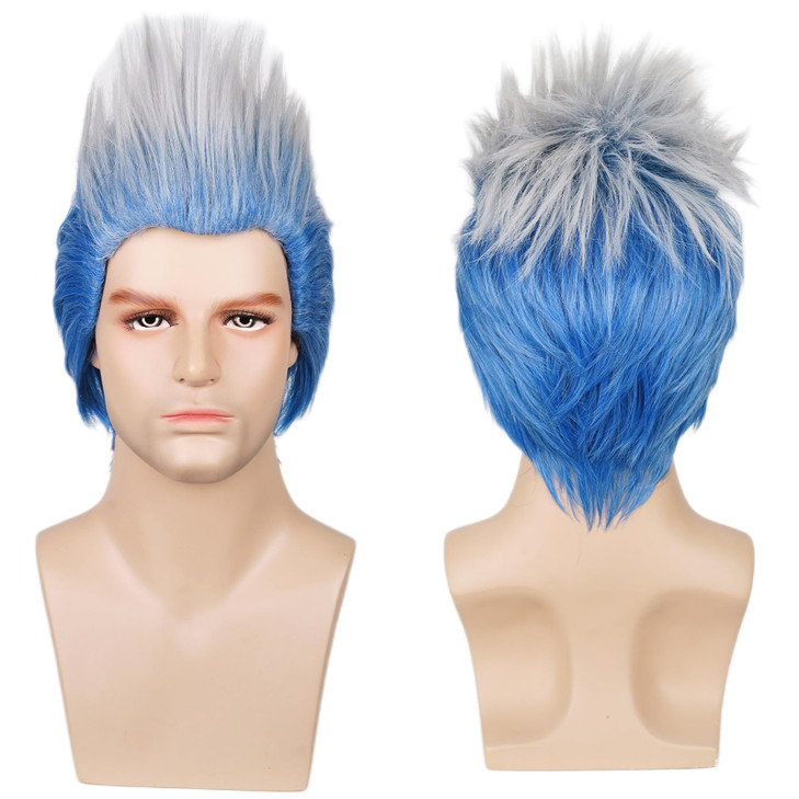 Max Beauty Short Curly Cosplay Wig Men Adult Ombre Blue and White Anime Wig for Halloween Free Cap
