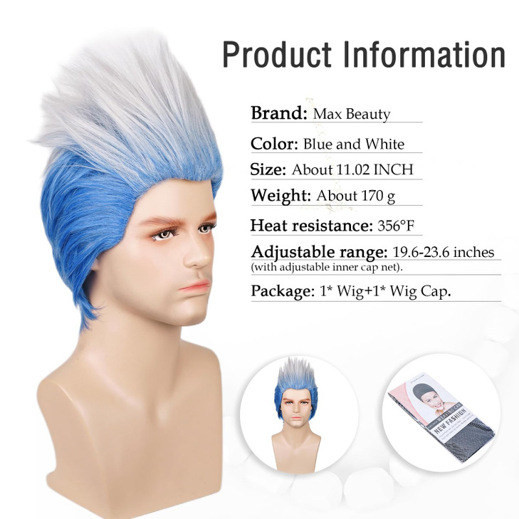 Max Beauty Short Curly Cosplay Wig Men Adult Ombre Blue and White Anime Wig for Halloween Free Cap