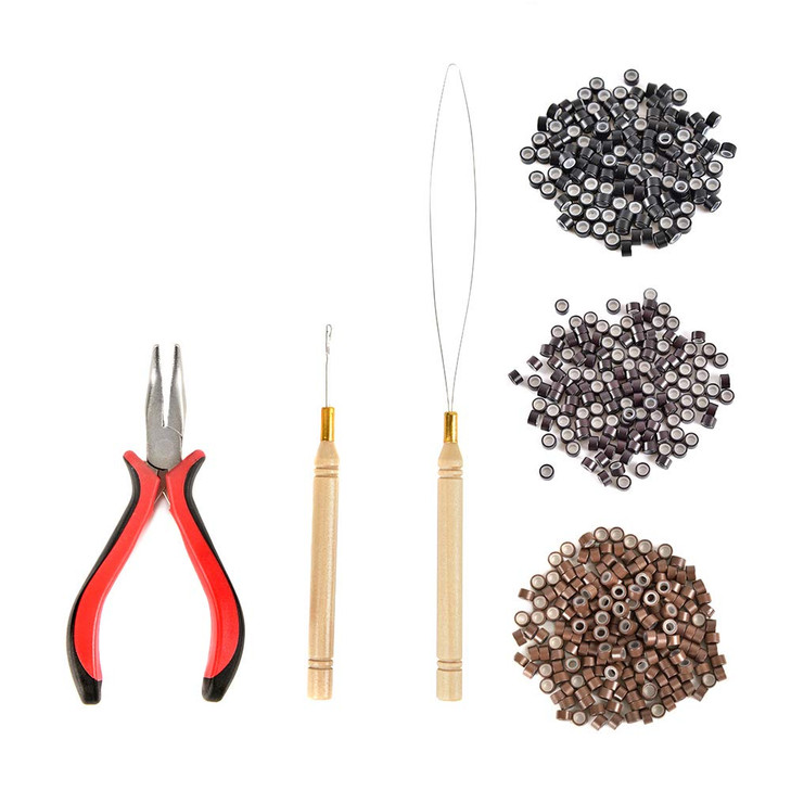 Hair Extension Tools Kit Pliers Pulling Hook Bead Device Tool Kits with 600 Pieces 5mm Silicone Lined Micro Rings Black
