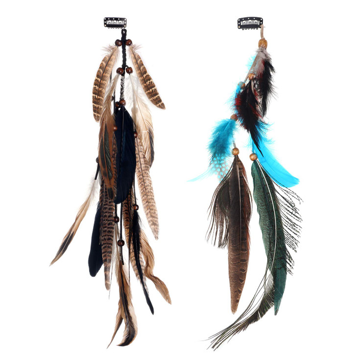 MWOOT 2Pcs Feather Hair Clipin Extensions for Women Halloween Cosplay Costume Carnival Party Headdress Handmade Bohemian