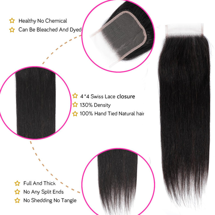 Straight Closure 4X4 Lace Closure Brazilian 10A Virgin Human Hair Lace Closure with Baby Hair Natural Color14 inch