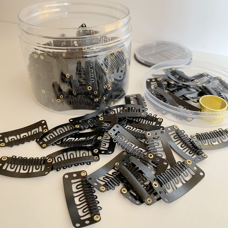 150pcs Hair Extension Clips 32mm 6Teeth Clips with Rubber UShape Snap Clips for Hair Extension Hairpiece Gift Thimble an