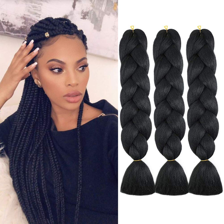 Black Jumbo Braiding Hair Extensions 24 Inch Crochet Braiding Hair 3 Packs Twist Crochet Braids Hair Extension for Women