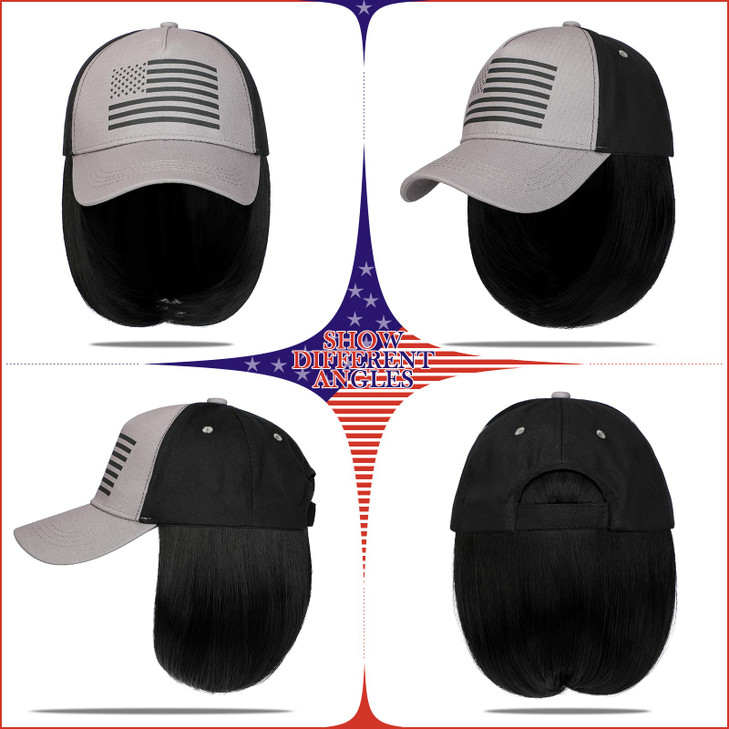 Lansigreen American Flag Hat with Hair Extensions Hat Wig USA Flag Adjustable Attached Straight Short 14 Synthetic Hairp