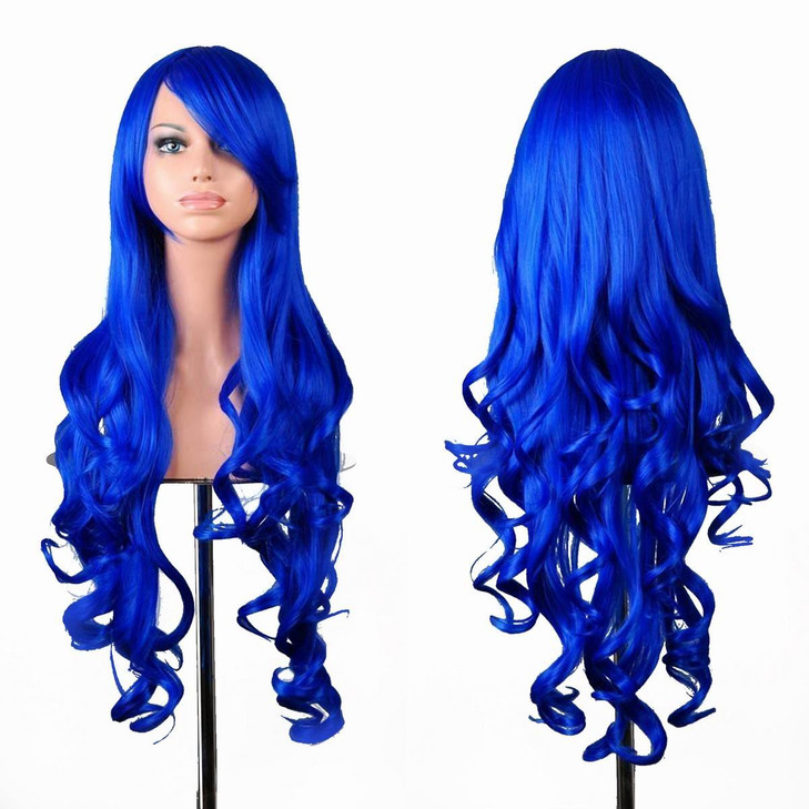 EmaxDesign Wigs 32 inch Wavy Curly Cosplay Wig With Wig Cap and Comb Dark Blue