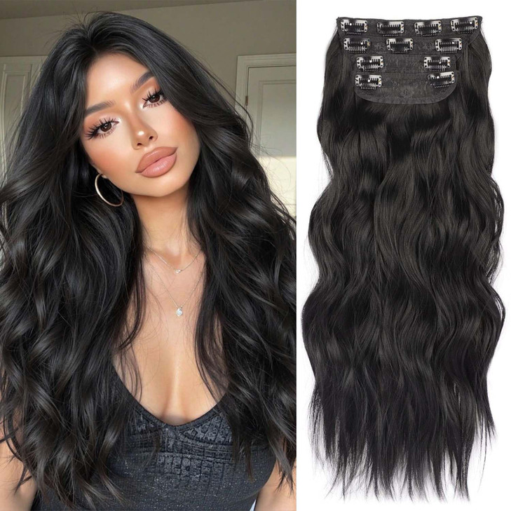 Black Hair Extensions Clip ins 20Inch Long Wavy Clip in Hair Extensions for Women 4PCS Natural Soft Curly Thick Hairpiec