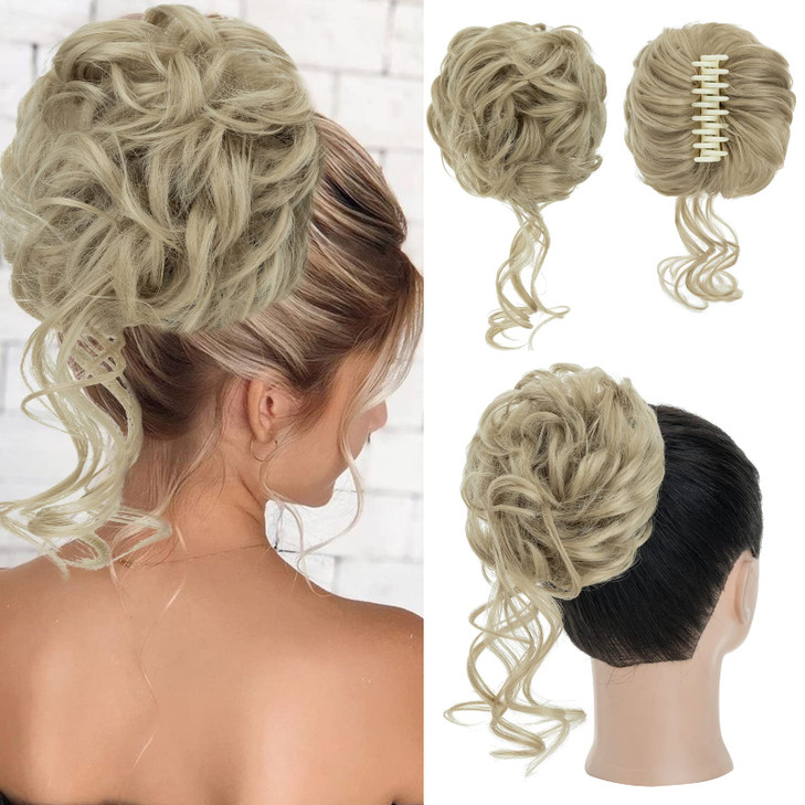 Snoilite Claw Clip Messy Bun Hair Pieces Updo Fake Hair Bun with Claw Clip Blonde Curly Wavy Hair Bun Ponytail Extension