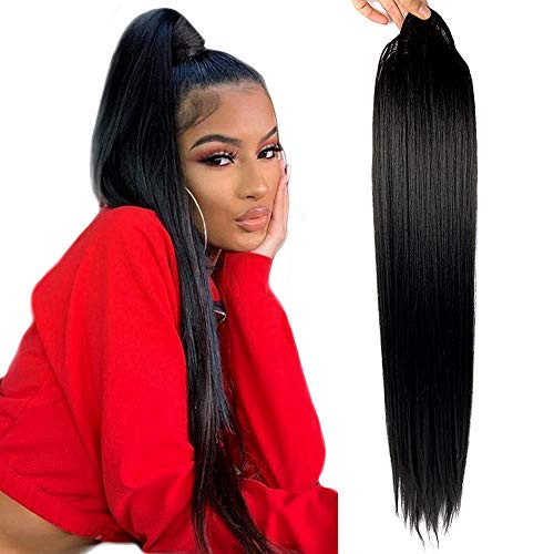 VAVANGA 30inch Long Yaki Straight Drawstring Ponytail Natural Black Fake Ponytail Hair Piece Thick Hair Extension for Bl