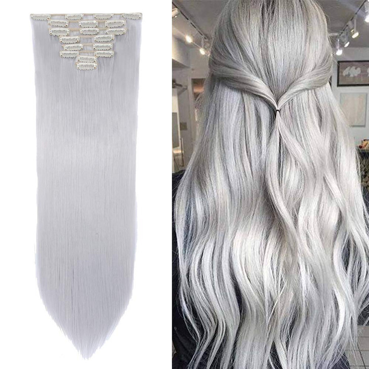 Snoilite 26 Long Straight Curly Silver Gray 8 Pieces Clip in on Hair Extensions Full Head Set Thick Hairpiece Synthetic