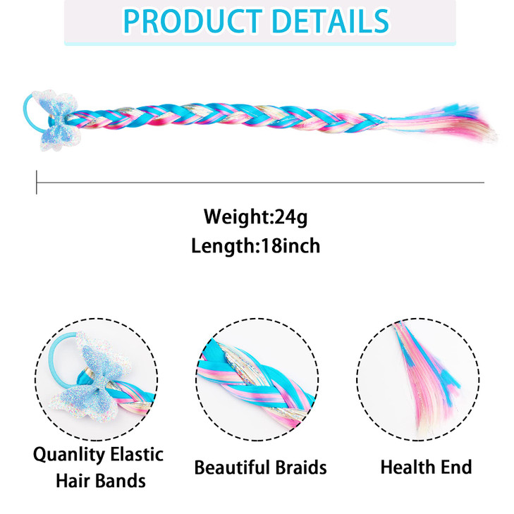 8 Pieces Colored Braids Hair Extensions with Rubber Bands Ponytails Hair Bows Rainbow Color Synthetic Hairpieces Glitter