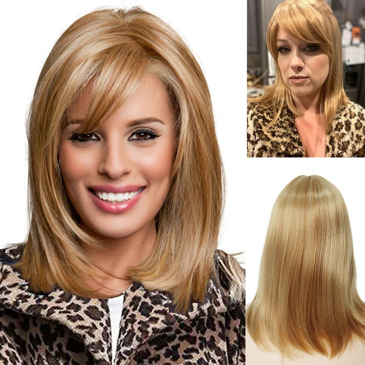GNIMEGIL Wigs Strawberry Blonde Wig with Bangs Synthetic Hair Full Natural Hairstyle Straight Medium Length Bob Cut Hall